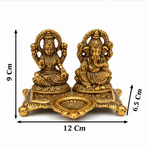 Lakshmi Ganesh Idol with Decorative Diya, Aluminium Golden Finish for Diwali Pooja & Home Décor