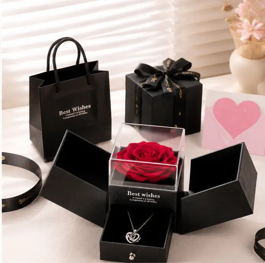Preserved Rose Flower Gift with Heart Necklace – Romantic Anniversary, Birthday & Valentine Gift for Girlfriend or Wife