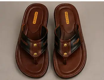 Goodreed Men's Brown Leather Flip Flops – Premium EVA Sole Casual Thong Slippers for Daily Wear