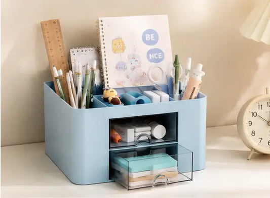 Desk Organiser – 5 Compartments & 2 Drawers Multifunctional Stationery Storage Organizer