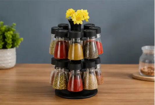 16-in-1 Revolving Condiment Set – Rotating Plastic Spice Rack & Kitchen Masala Organizer