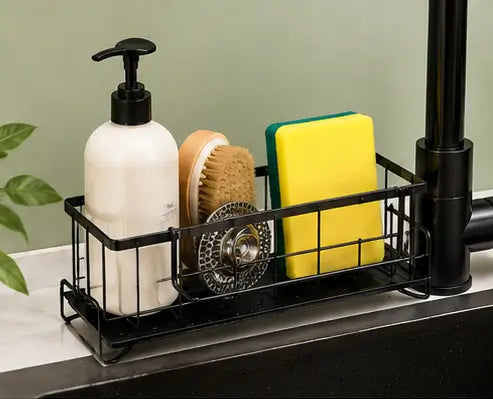 Rustproof Kitchen Sink Organizer Rack – Steel Sponge, Soap & Scrubber Holder with Drain Tray