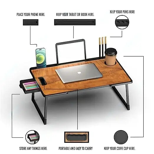 Foldable Wooden Mini Laptop Table for Bed, Study Table with Drawer, Tablet/Mobile Holder for Kids & Adults->> (Wood COTTED)