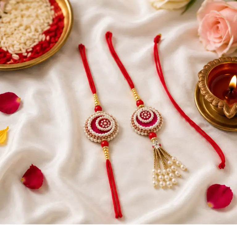Hand-Finished Designer Bhaiya Bhabhi Rakhi Gift Set – Ethnic Couple Rakhi with Greeting Card