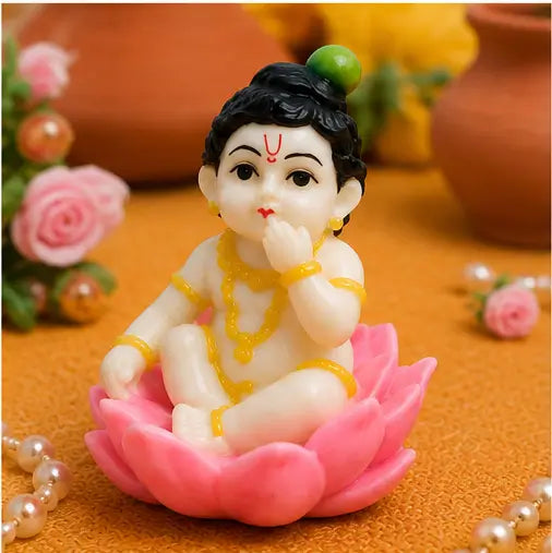 Baby Krishna Idol Sitting on Lotus, Premium Resin Murti for Pooja Room & Home Décor, Cream, 1 Pc