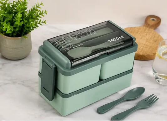 3-in-1 Plastic Lunch Box – Double Decker Airtight Tiffin with 3 Detachable Containers & 2 Spoon