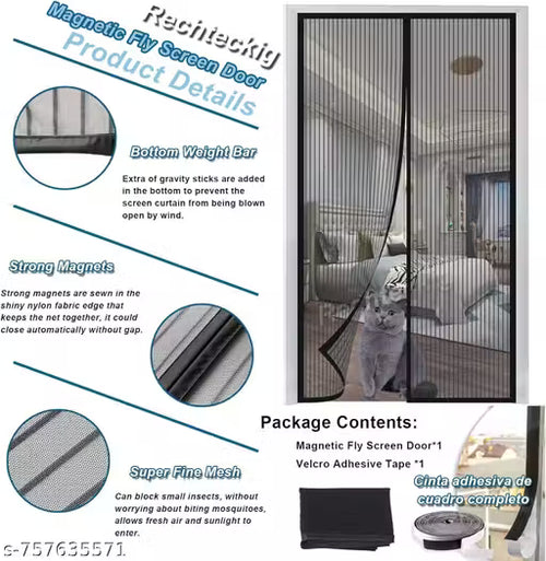 Magnetic Mosquito Net for Main Door | Self-Closing Polyester Insect Screen Curtain for Wooden, UPVC, All Door Types with Hook & Loop Tape (210 x 110 cm, Black)