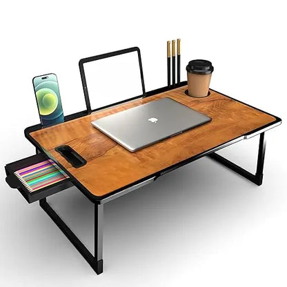 Foldable Wooden Mini Laptop Table for Bed, Study Table with Drawer, Tablet/Mobile Holder for Kids & Adults->> (Wood COTTED)