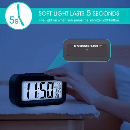 Digital lcd alarm clock with backlight optically controlled battery-powered clock with time, date, and temperature - Durable Plastic