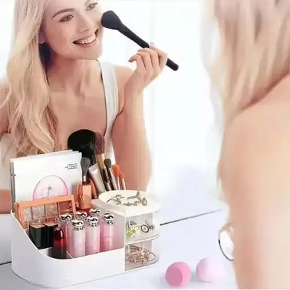 Cosmetic Organizer Box with Drawers – Plastic Makeup & Stationery Storage for Women, Off-White.