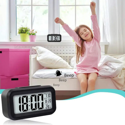 Digital lcd alarm clock with backlight optically controlled battery-powered clock with time, date, and temperature - Durable Plastic