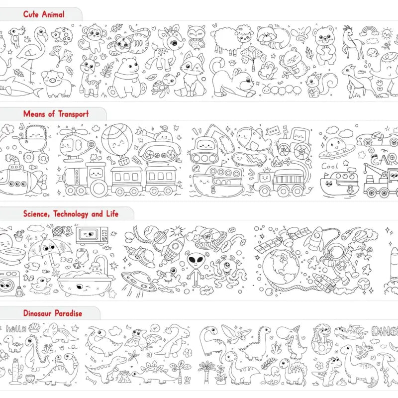 Kids Drawing Paper Roll, 30 x 300 cm, Large Colouring Poster with Animals, Transport, Space, Dinosaur Designs