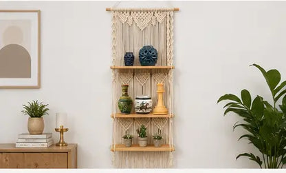 Boho Handmade Macrame Wall Hanging Wooden Floating Shelf – Decorative Storage Shelf for Plants, Books & Home Décor (Off-White)