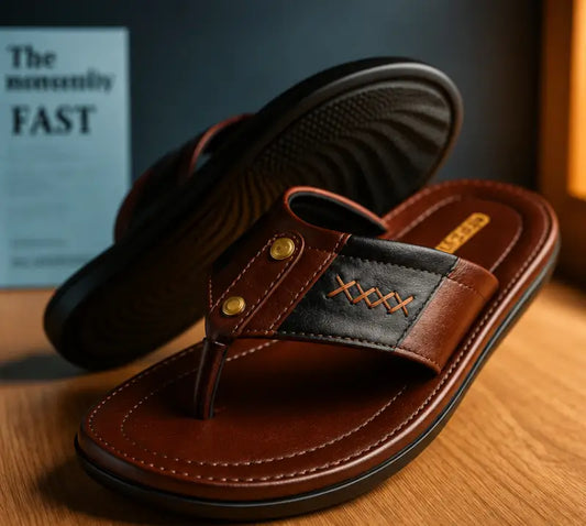 Goodreed Men's Brown Leather Flip Flops – Premium EVA Sole Casual Thong Slippers for Daily Wear