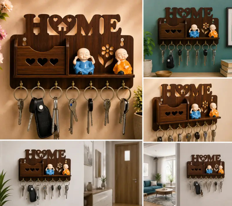 Wooden Wall Mounted Key Holder with Shelf – Decorative Home Key Organizer Rack with 7 Hooks