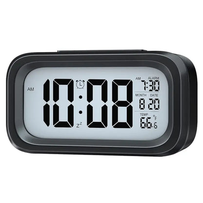 Digital lcd alarm clock with backlight optically controlled battery-powered clock with time, date, and temperature - Durable Plastic