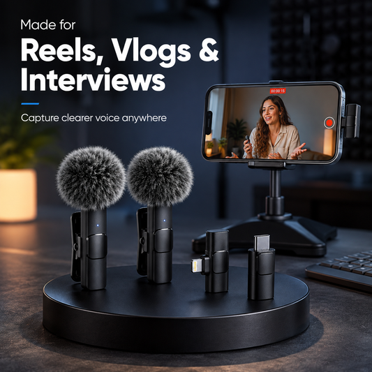 Dual Wireless Lavalier Microphone – Mini Clip-On Collar Mic with Noise Reduction for iPhone & Android | USB-C & Lightning Receiver