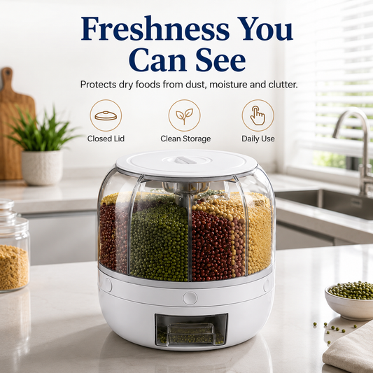 360° Rotating Grain Dispenser – 6-Compartment Kitchen Storage Container with Lid for Rice, Pulses & Dry Fruits