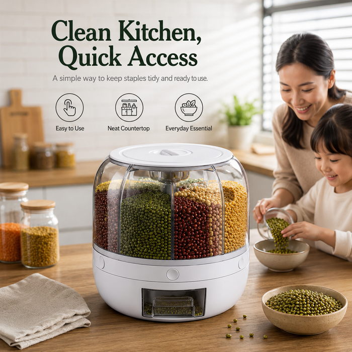 360° Rotating Grain Dispenser – 6-Compartment Kitchen Storage Container with Lid for Rice, Pulses & Dry Fruits