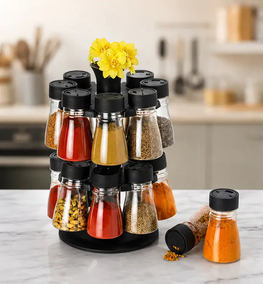 16-in-1 Revolving Condiment Set – Rotating Plastic Spice Rack & Kitchen Masala Organizer