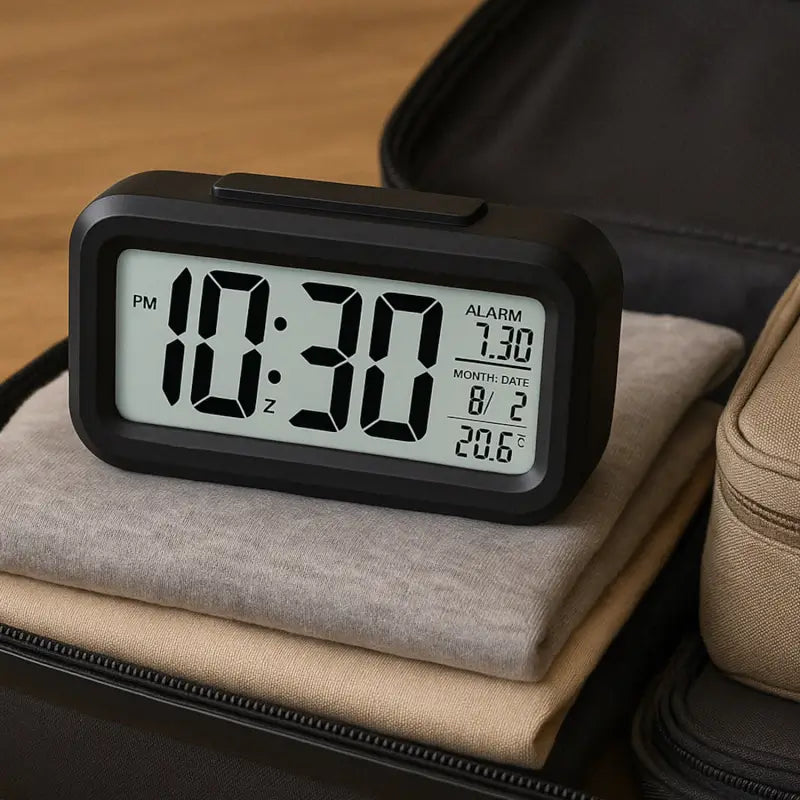 Digital lcd alarm clock with backlight optically controlled battery-powered clock with time, date, and temperature - Durable Plastic