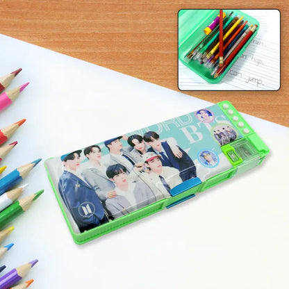Kids Cartoon Multipurpose Compass Box – 2 Compartment Pencil Box with Sharpener & Push Button Lock for School Stationery