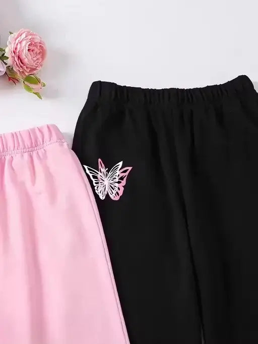 Girls Butterfly Print Wide Leg Pants Set – Cotton Summer Wear (2 Pcs)