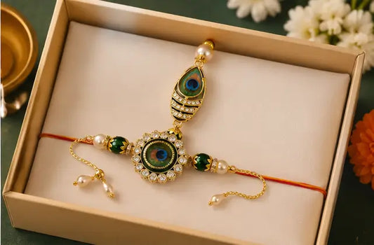 Mor Pankh Bhaiya Bhabhi Rakhi Set with Roli Chawal – Brass Designer Rakhi Combo for Raksha Bandhan