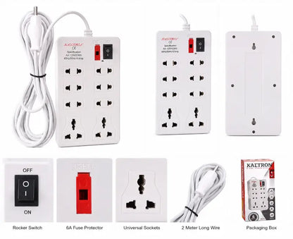8 Socket Extension Board with 2 Meter Cable | 6A Heavy Duty Power Strip | Universal Multi Plug Extension Board for Home & Office