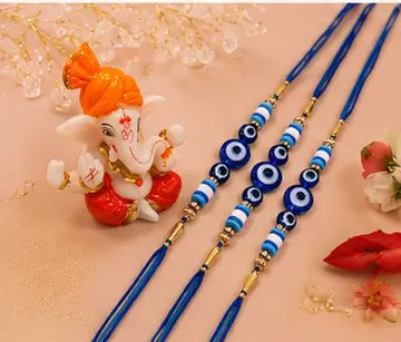 Rakhi Gift Combo Set for Brother – Set of 3 Evil Eye Rakhi with Ganpati Idol, Roli Chawal & Haldi | Raksha Bandhan Gift Pack