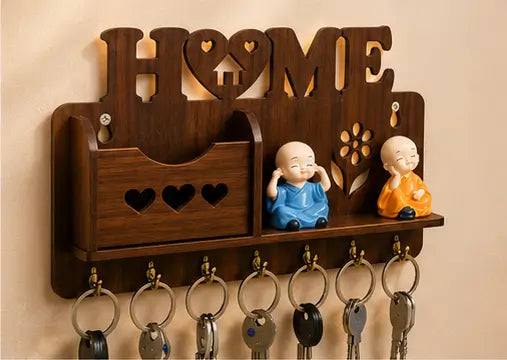 Wooden Wall Mounted Key Holder with Shelf – Decorative Home Key Organizer Rack with 7 Hooks