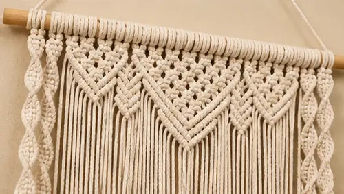 Boho Handmade Macrame Wall Hanging Wooden Floating Shelf – Decorative Storage Shelf for Plants, Books & Home Décor (Off-White)