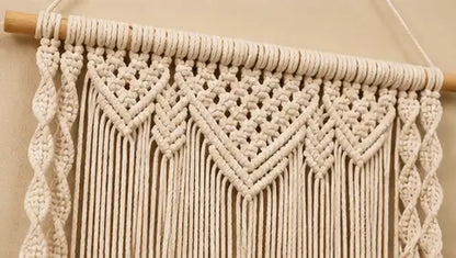 Boho Handmade Macrame Wall Hanging Wooden Floating Shelf – Decorative Storage Shelf for Plants, Books & Home Décor (Off-White)