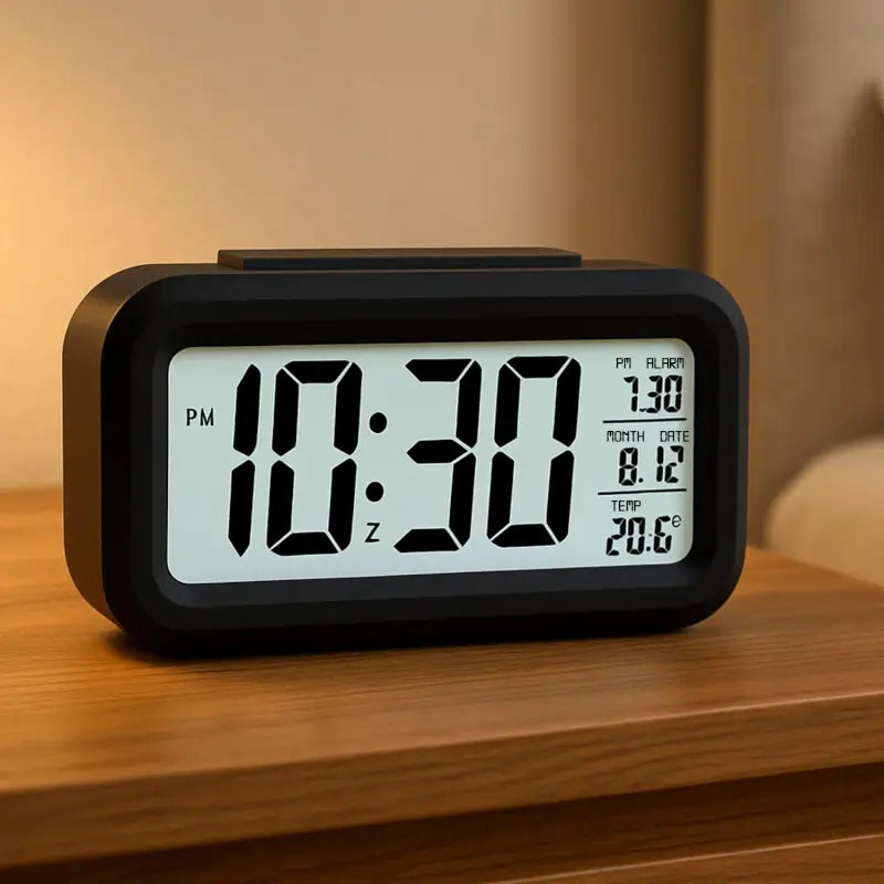 Digital lcd alarm clock with backlight optically controlled battery-powered clock with time, date, and temperature - Durable Plastic