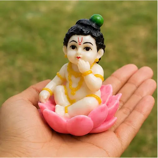 Baby Krishna Idol Sitting on Lotus, Premium Resin Murti for Pooja Room & Home Décor, Cream, 1 Pc