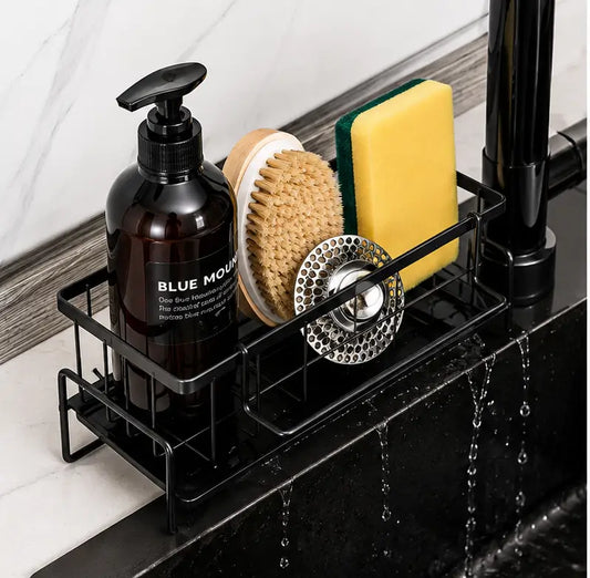 Rustproof Kitchen Sink Organizer Rack – Steel Sponge, Soap & Scrubber Holder with Drain Tray