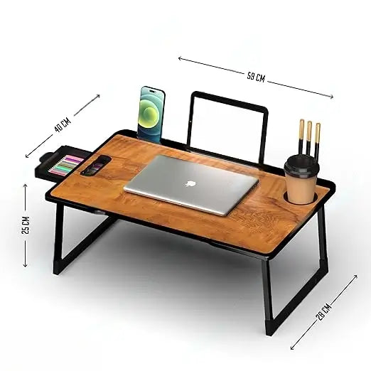 Foldable Wooden Mini Laptop Table for Bed, Study Table with Drawer, Tablet/Mobile Holder for Kids & Adults->> (Wood COTTED)