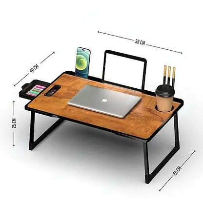 Foldable Wooden Mini Laptop Table for Bed, Study Table with Drawer, Tablet/Mobile Holder for Kids & Adults->> (Wood COTTED)