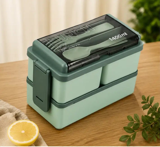 3-in-1 Plastic Lunch Box – Double Decker Airtight Tiffin with 3 Detachable Containers & 2 Spoon
