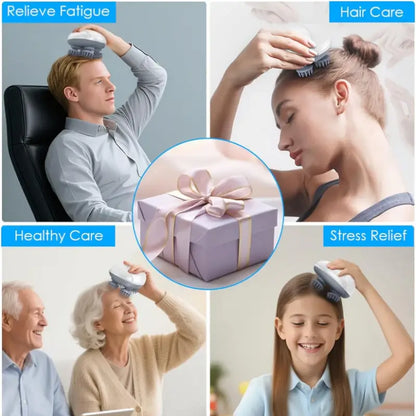 Smart Electric Scalp Massager with 4 Silicone Heads – Rechargeable Handheld Head & Body Massage Device