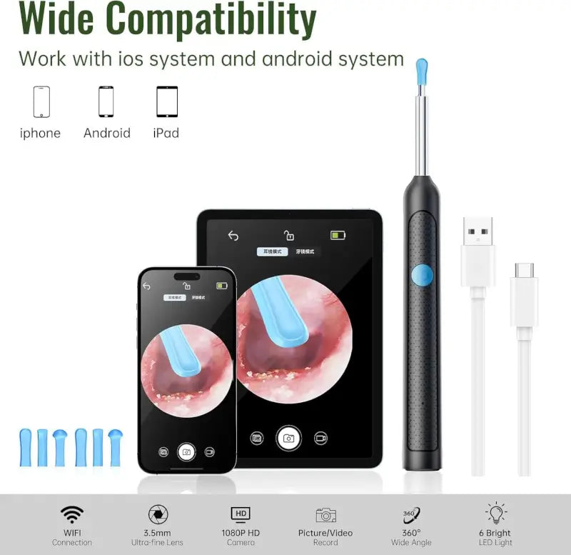 Earwax Removal Tool Kit with HD Camera Wifi Connection & 6 LED Lights Endoscope Tool Ear Cleaner for iOS & Android + 11 Silicone Tips Free- Black