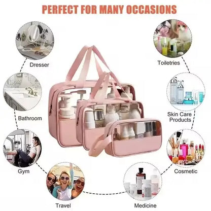 Pack of 3 Makeup Organizer Bags – Travel Waterproof Cosmetic Toiletry Pouches for Women & Girls (Rose Pink).