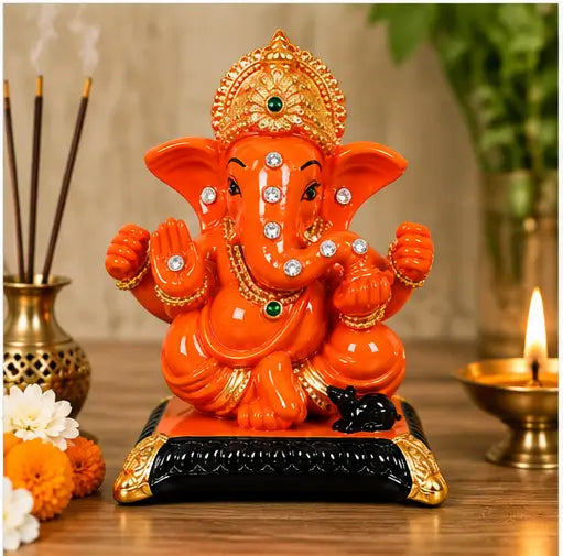 Premium Polyresin Lord Ganesha Idol with Black Chowki Stand, Glossy Finish Ganpati Murti for Home Decor & Pooja