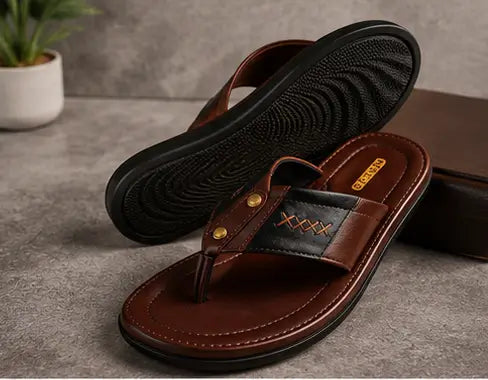 Goodreed Men's Brown Leather Flip Flops – Premium EVA Sole Casual Thong Slippers for Daily Wear