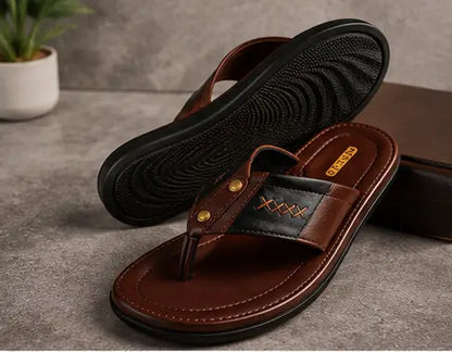 Goodreed Men's Brown Leather Flip Flops – Premium EVA Sole Casual Thong Slippers for Daily Wear