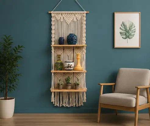 Boho Handmade Macrame Wall Hanging Wooden Floating Shelf – Decorative Storage Shelf for Plants, Books & Home Décor (Off-White)