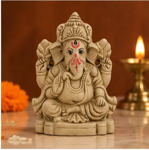 4 Inch Eco-Friendly Ganpati Murti, Matti Ganesha Idol, Biodegradable Ganesh Statue for Ganpati Pooja & Visarjan