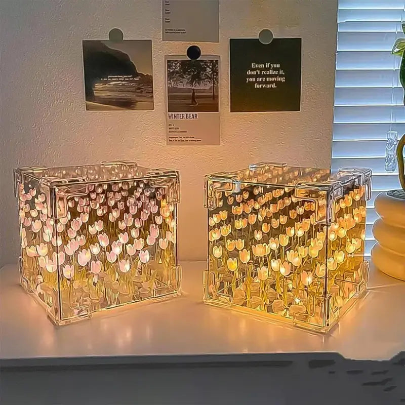 3D Tulip LED Night Lamp with Infinity Mirror – DIY Decorative Table Lamp for Bedroom, Living Room & Home Décor