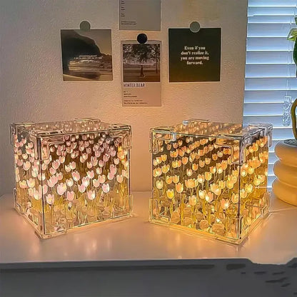 3D Tulip LED Night Lamp with Infinity Mirror – DIY Decorative Table Lamp for Bedroom, Living Room & Home Décor