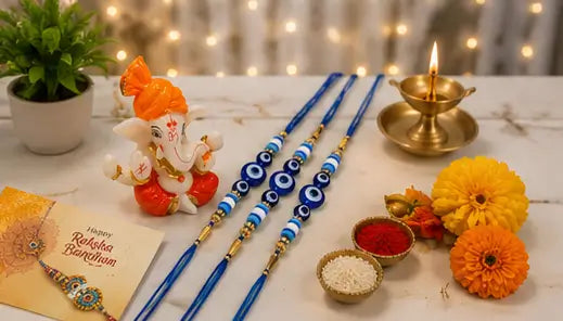 Rakhi Gift Combo Set for Brother – Set of 3 Evil Eye Rakhi with Ganpati Idol, Roli Chawal & Haldi | Raksha Bandhan Gift Pack